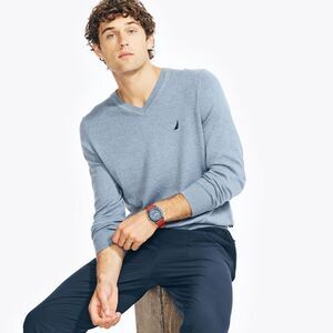 Nautica Mens Lightweight Jersey V-Neck Sweater Deep Anchor Heather Past Sz Small